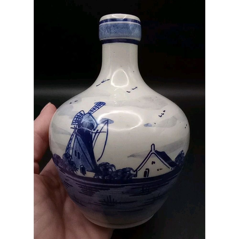 Vintage Delft Pottery Vase Blue & White Hand Painted Windmill Holland